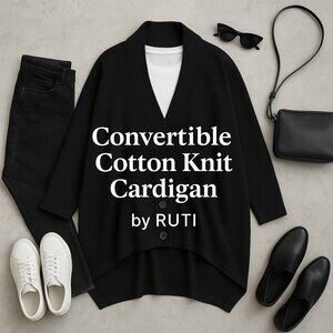 Ruti Convertible Cotton Blend Knit Cardigan Black S/M Asymmetrical Cape Sweater